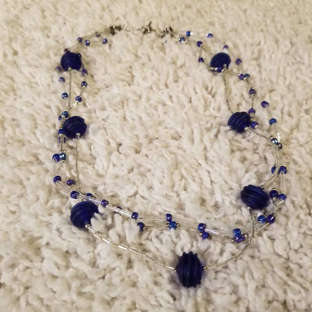Blue 3 strand Necklace Funky Beads